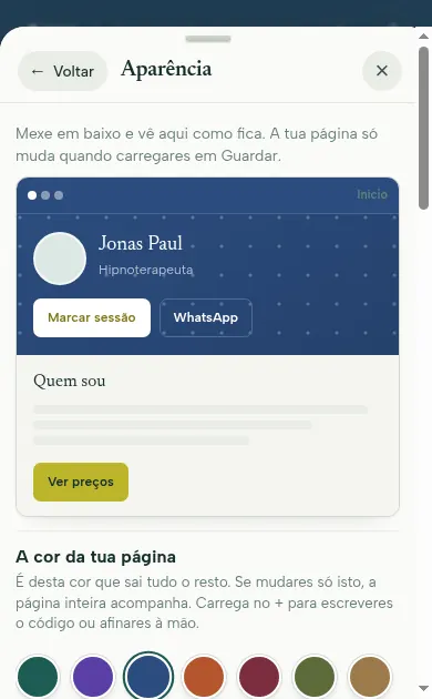O ecrã das cores, com a pré-visualização por cima