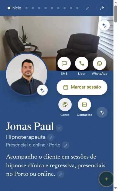 A página em modo de edição, com um lápis em cada coisa que se pode mudar