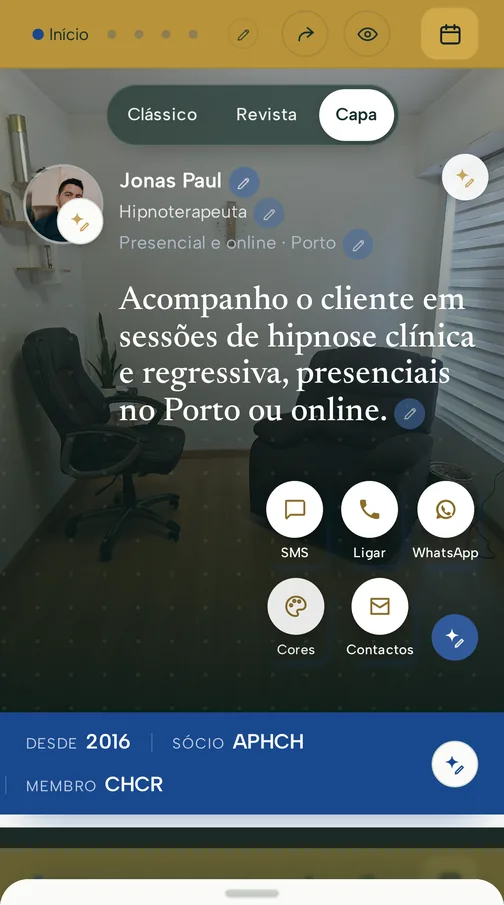 O início da página com a escolha do aspecto, Clássico, Revista ou Capa, e por baixo o ecrã da Aparência com as cores e a pré-visualização