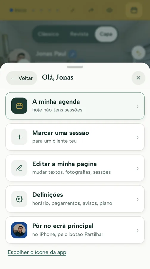O menu Olá do editor, com a agenda, marcar uma sessão, editar a página, as definições e a app no ecrã principal