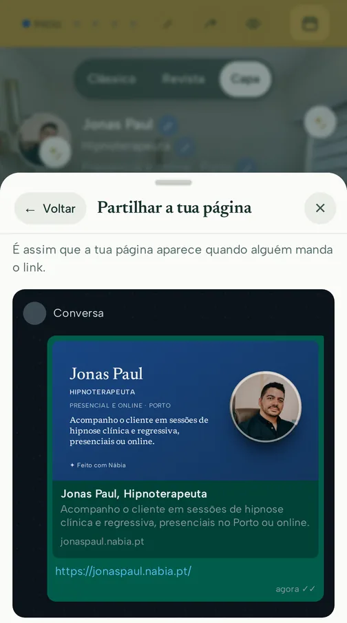 A imagem do link da página do Jonas vista dentro de uma conversa de WhatsApp