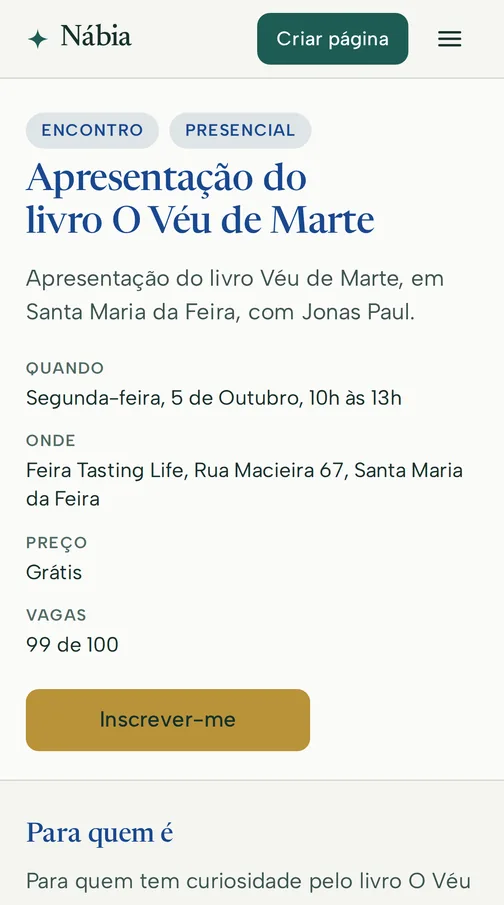 Página do evento Apresentação do livro O Véu de Marte, a 5 de Outubro, com a inscrição, vista no telemóvel