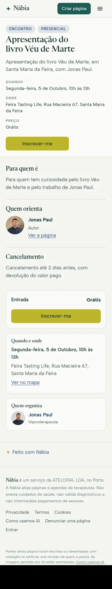 Página de um evento com inscrição, vista no telemóvel