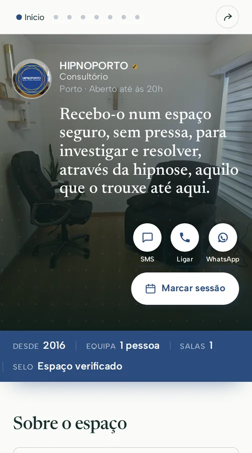 Página do espaço HIPNOPORTO, no Porto, com a equipa, as salas e o mapa, vista no telemóvel