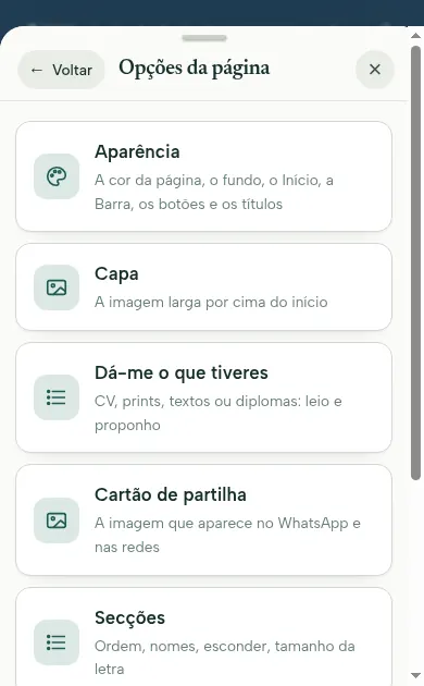 O menu de opções da página no editor da Nábia