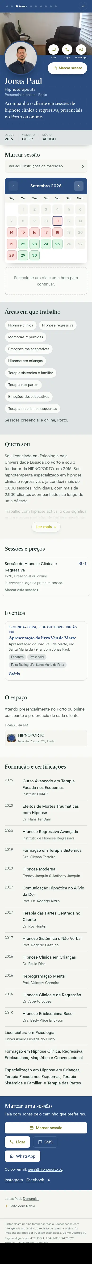 Página pessoal de Jonas Paul, hipnoterapeuta no Porto, vista no telemóvel