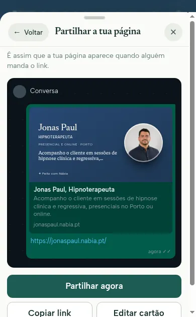 A imagem do teu link vista dentro de uma conversa de WhatsApp