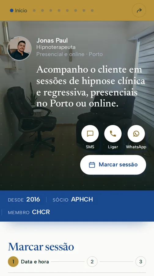 Página pessoal de Jonas Paul, hipnoterapeuta no Porto, no aspecto Capa, com a agenda de Outubro aberta, vista no telemóvel